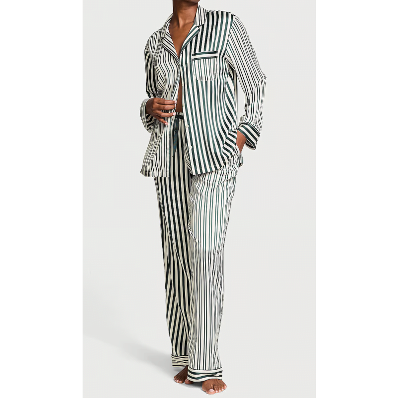 Піжама сатинова Satin Long Pajama Set Green Icon Stripe VS