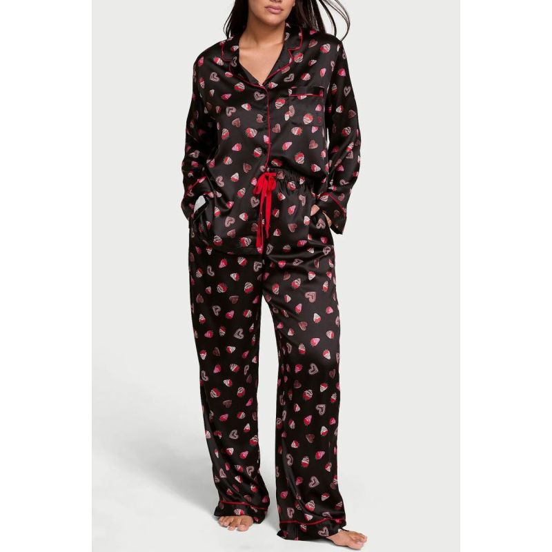 Піжама сатинова Satin Long Pajama Set Black Chocolate Strawberries VS