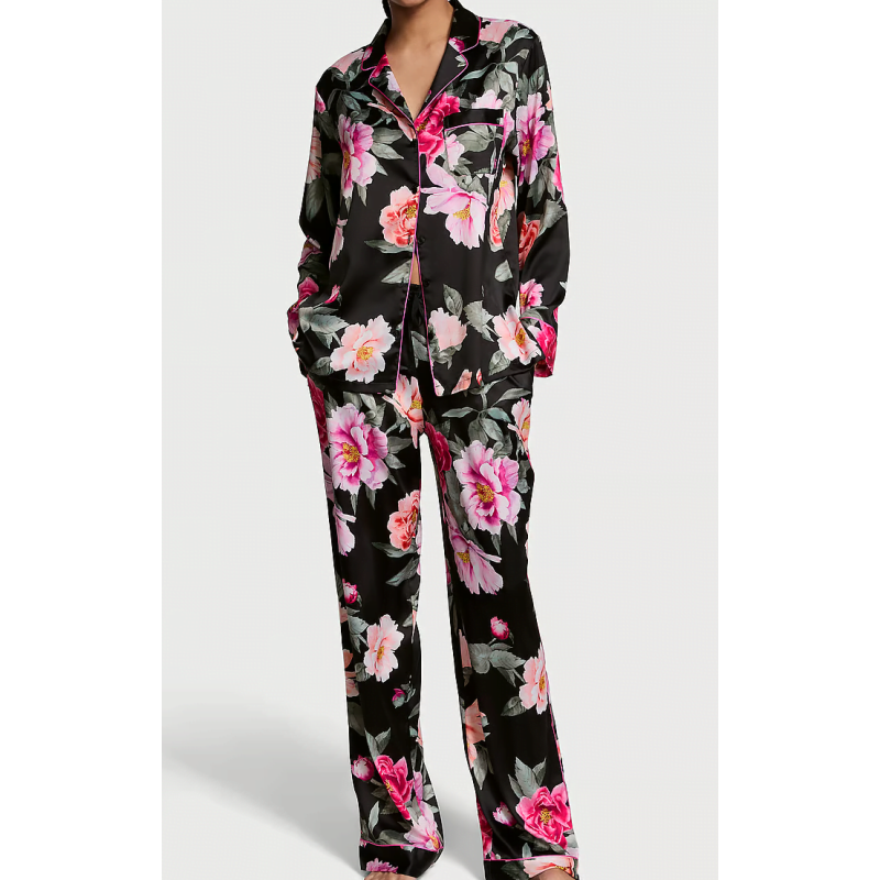 Піжама сатинова Satin Long Pajama Set Black Floral Bouquet VS