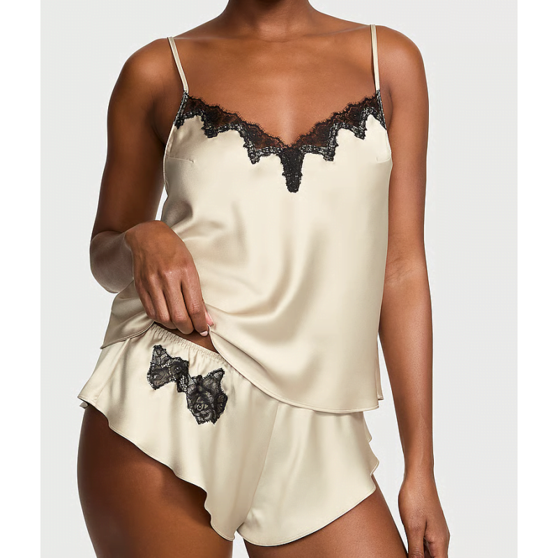 Піжама сатинова Satin Rose Lace-Trim Cami Flutter Shorts Set Classic Sandstone VS