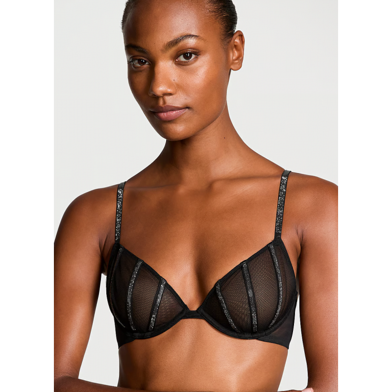 Комплект білизни Sheer Shine Low-Cut Demi Bra & Thong Panty Black VS
