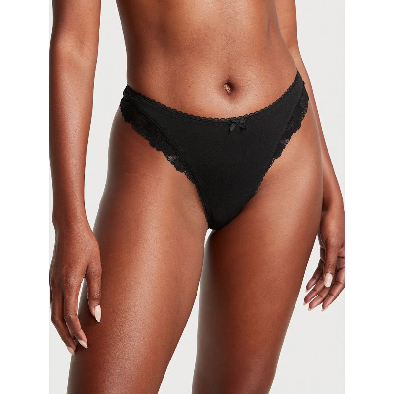 Трусики Cotton Lace-Waist High-Leg Scoop Thong Panty Black