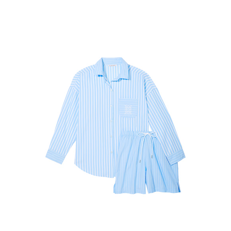 Піжама Cotton Long-Sleeve Shirt & Shorts Set Blue Stripes