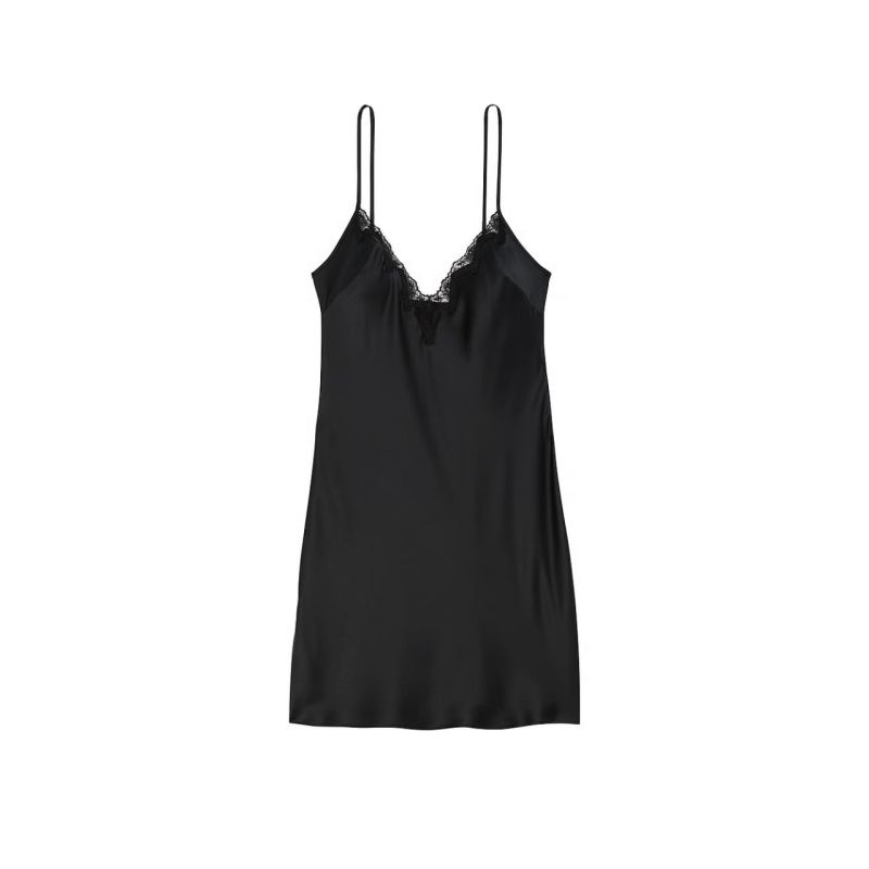 Нічна сорочка сатинова Satin Rose Lace-Trim Mini Slip Dress Black