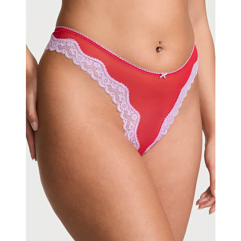 Трусики Tease Mesh Lace-Trim High-Leg Thong Panty Silky Lilac VS