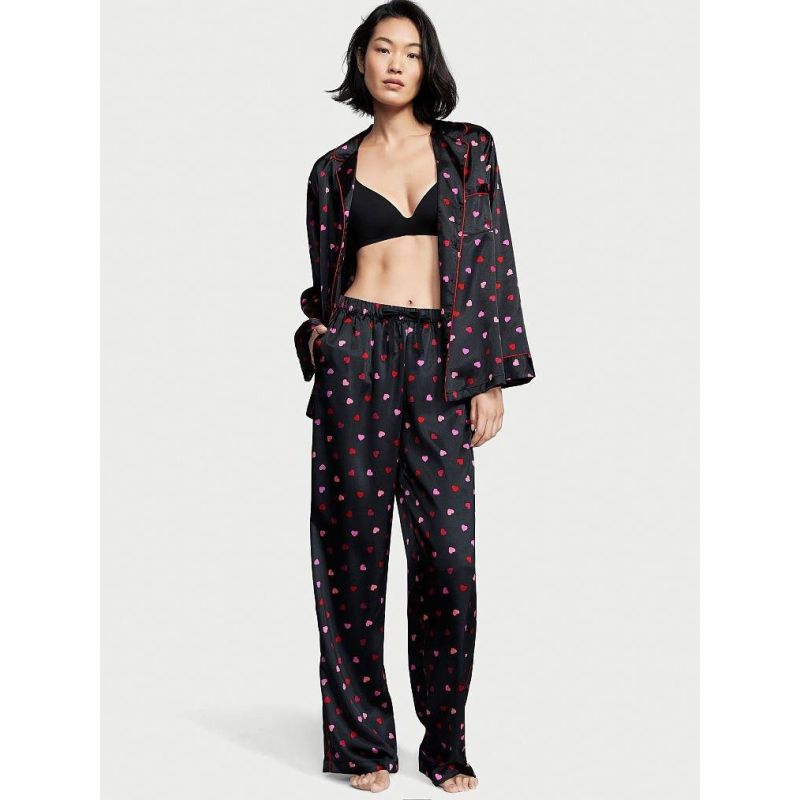 Піжама сатинова Satin Long Pajama Set Black Mini Hearts