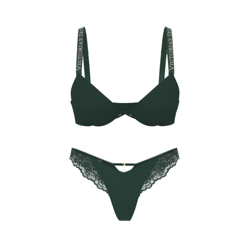 Комплект білизни Logo Shine Strap Push-Up Bra Lace-Trim Thong Panty Cilantro