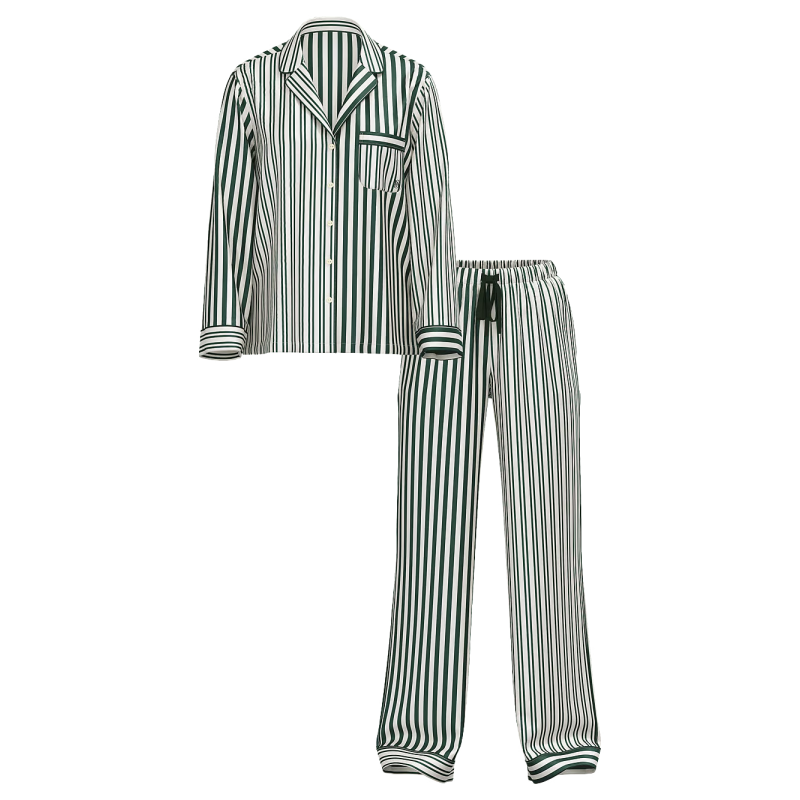 Піжама сатинова Satin Long Pajama Set Green Icon Stripe