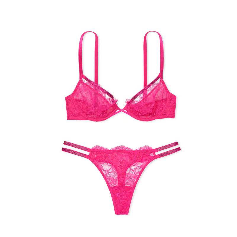Комплект білизни Shine Strappy Unlined Lace Low-Cut Demi Bra & Thong Panty Pink