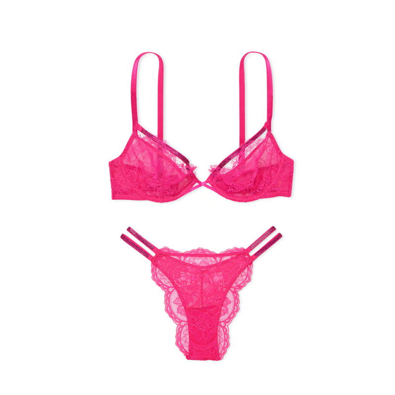 Комплект білизни Shine Strappy Unlined Lace Low-Cut Demi Bra & Brazilian Panty Pink