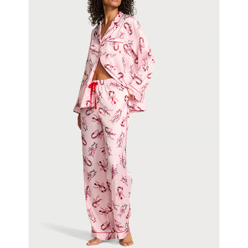 Піжама сатинова Glazed Satin Long Pajama Set Pink Print VS