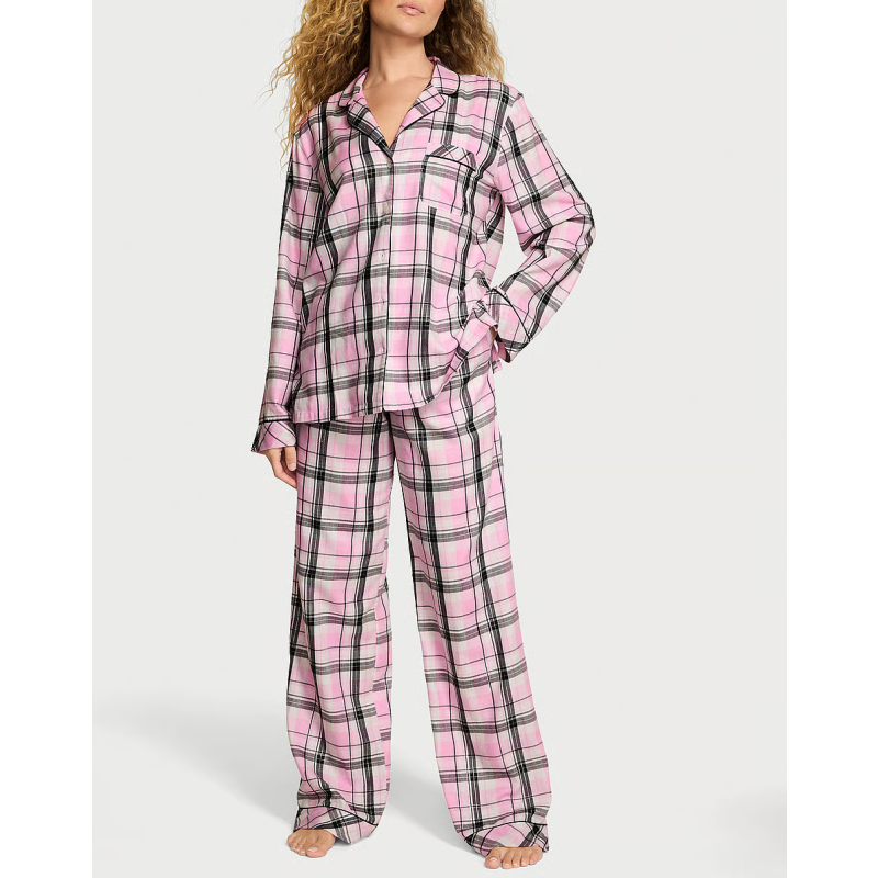 Піжама Flannel Long Pajama Set Coconut White/Black White Gold Lurex Yd Plaid VS