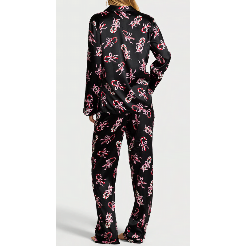 Піжама сатинова Glazed Satin Long Pajama Set Black Print VS