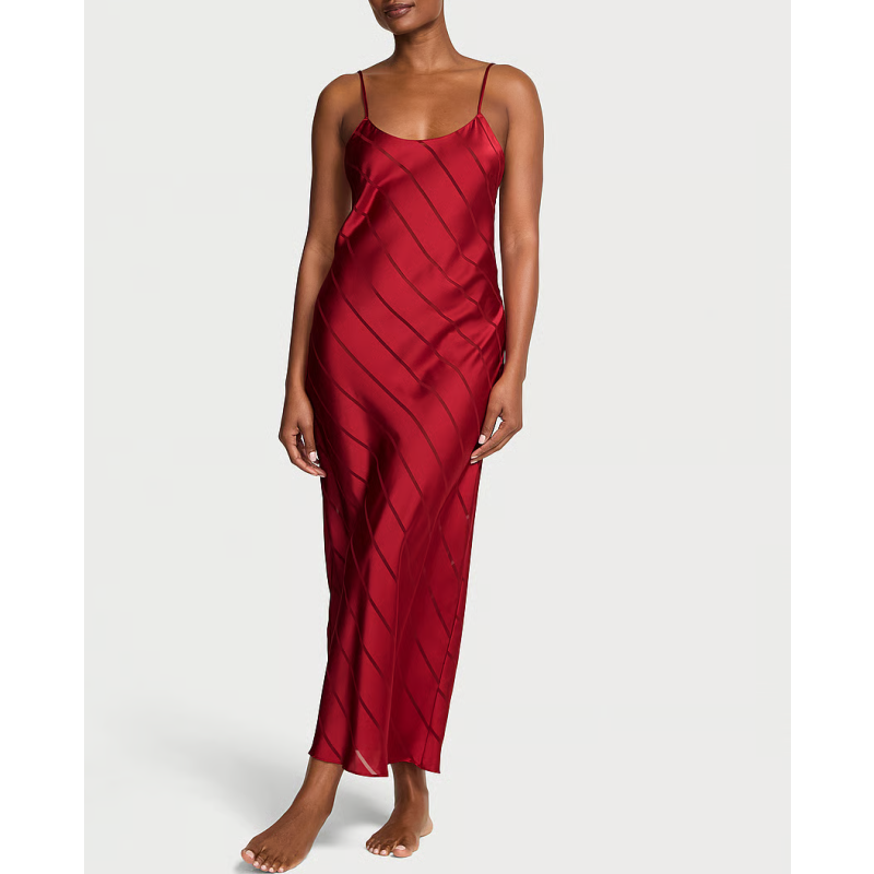 Нічна сорочка Satin Sheer Stripe Long Slip Dress Red Lacquer