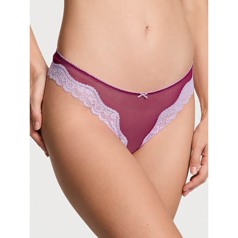 Трусики Tease Mesh Lace-Trim High-Leg Thong Panty Campari Red VS