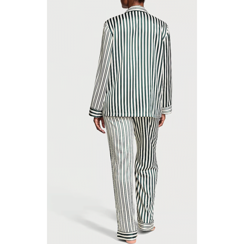 Піжама сатинова Satin Long Pajama Set Green Icon Stripe VS