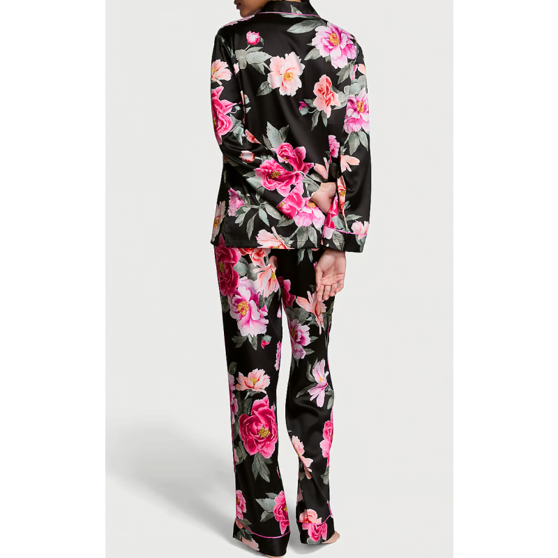 Піжама сатинова Satin Long Pajama Set Black Floral Bouquet VS