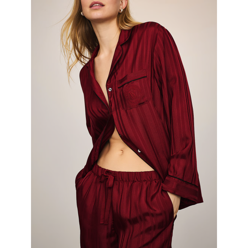 Піжама сатинова Glazed Satin Long Pajama Set Red Stripe Jacquard