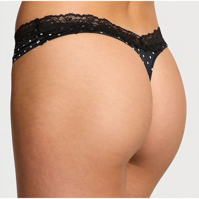 Трусики Lace-Trim High-Leg Thong Panty Black Dots VS