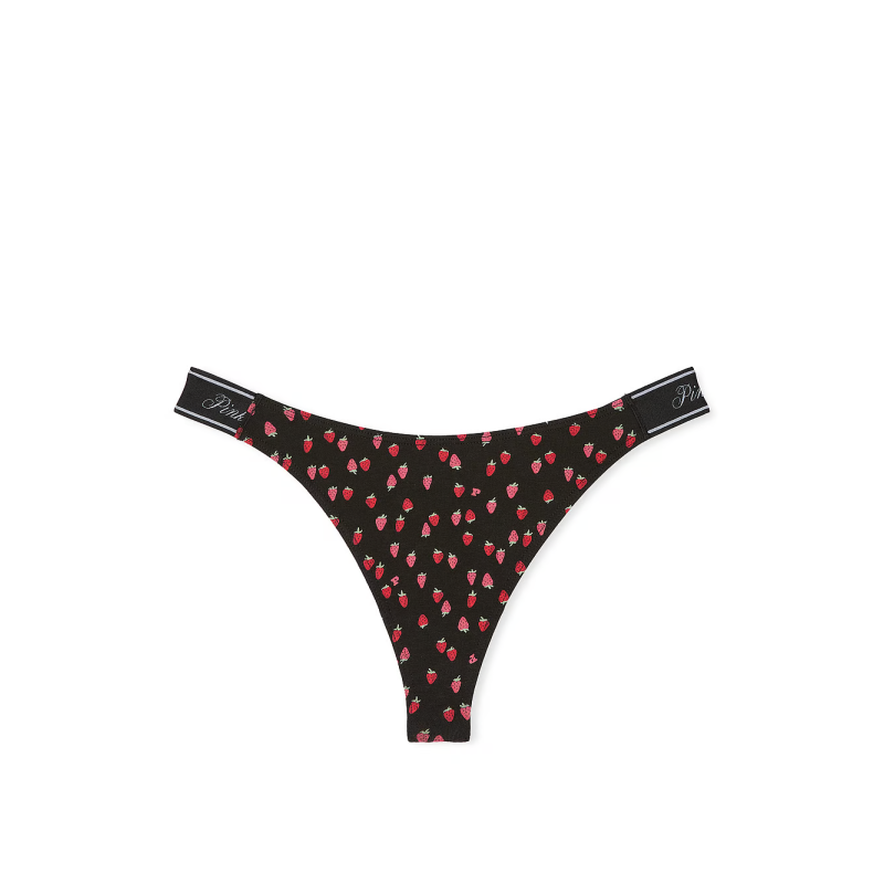 Трусики Logo Cotton High-Leg Thong Panty Black Strawberry Print