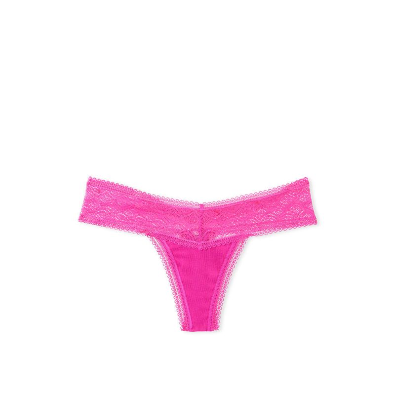 Трусики Lace Waist Ribbed Cotton Thong Panty Fuchsia Frenzy