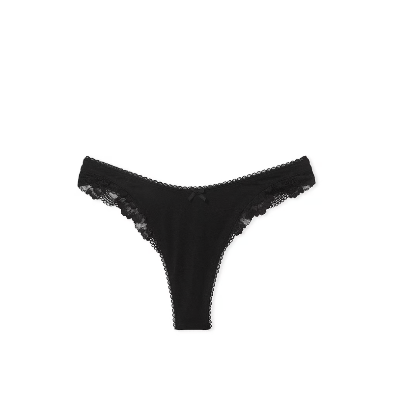Трусики Cotton Lace-Waist High-Leg Scoop Thong Panty Black