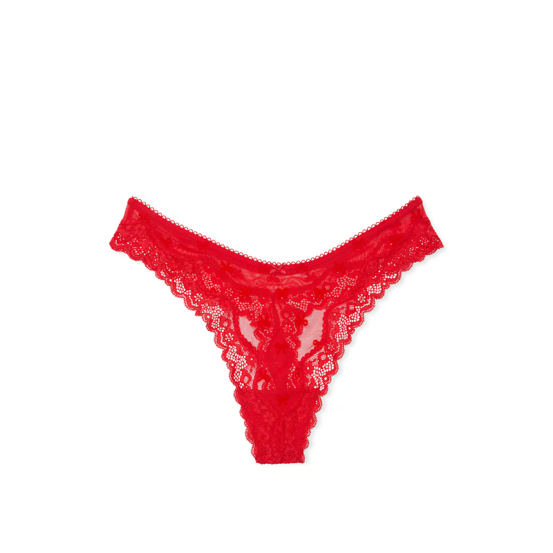 Трусики Tease Mesh Lace-Trim High-Leg Thong Panty Bright Vermillion Bows