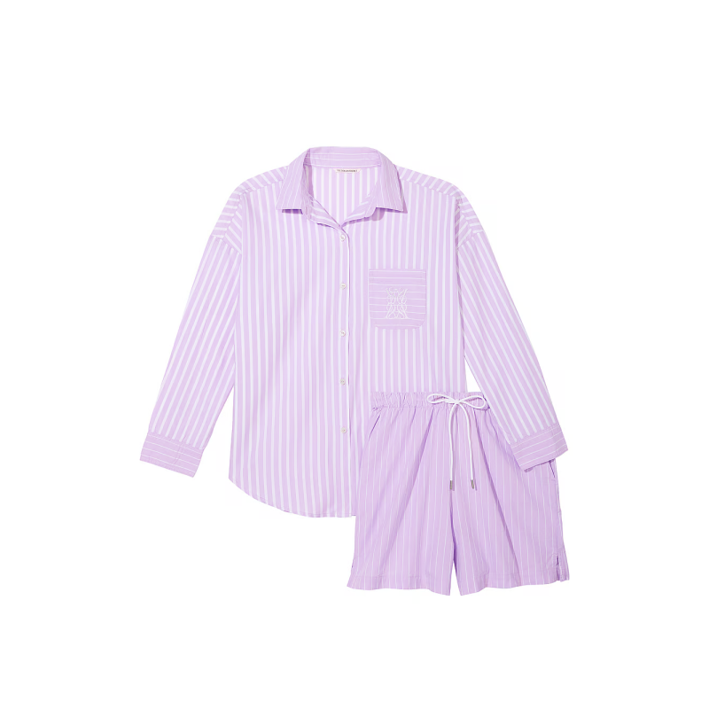 Піжама Cotton Long-Sleeve Shirt & Shorts Set Purple Stripes