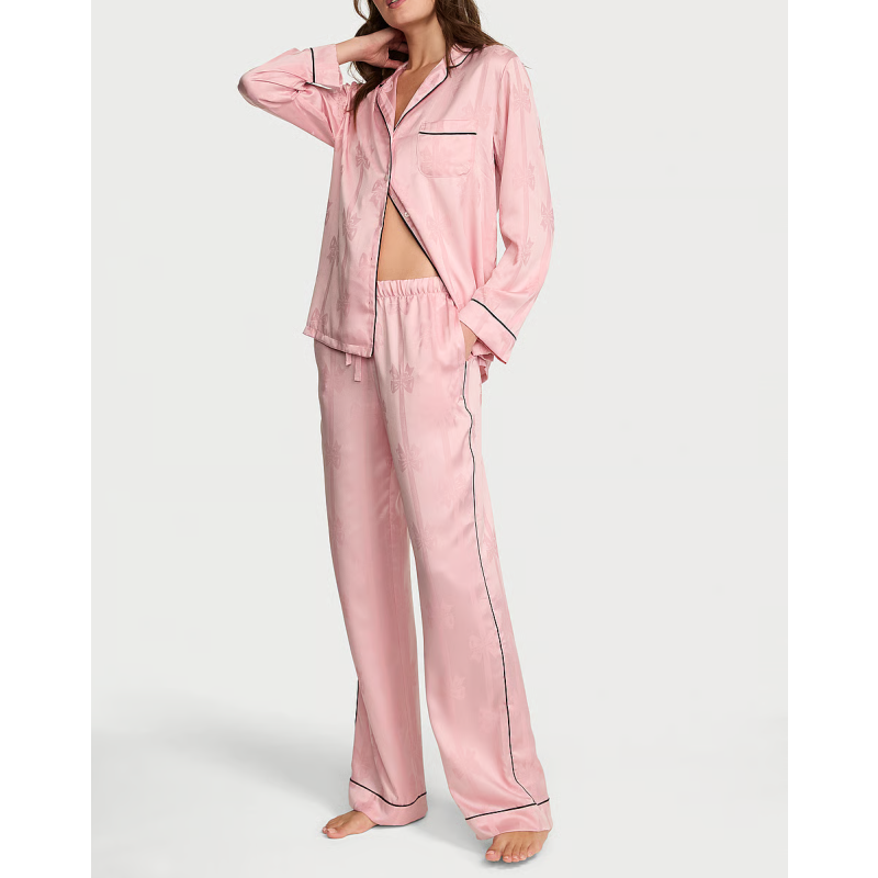 Піжама сатинова Signature Satin Bow Stripe Long Pajama Set Dusk Pink Bow Jacquard