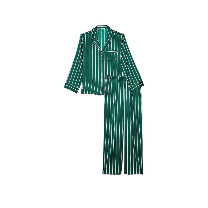 Піжама сатинова Satin Long Pajama Set Green Stripe