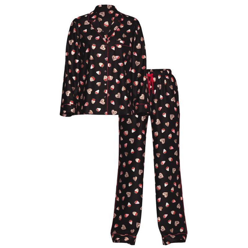 Піжама сатинова Satin Long Pajama Set Black Chocolate Strawberries