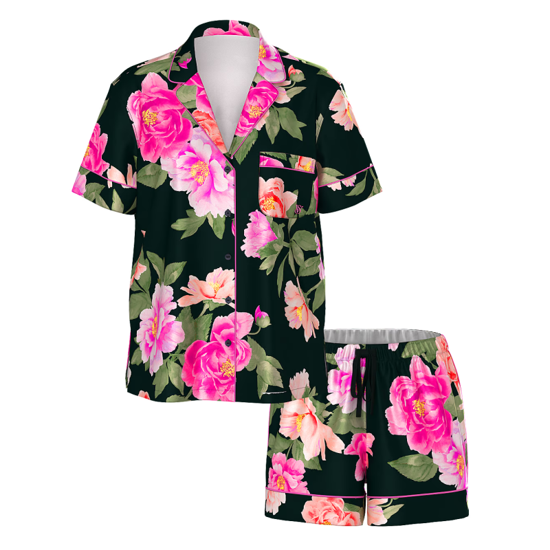 Піжама сатинова Satin Short Pajama Set Black Floral Bouquet