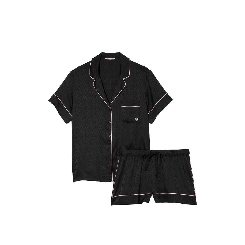 Піжама сатинова Satin Short Pajama Set Black Logo Jacquard