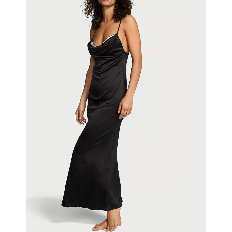Сатинова сукня Satin Sparkle Draped Maxi Slip Black