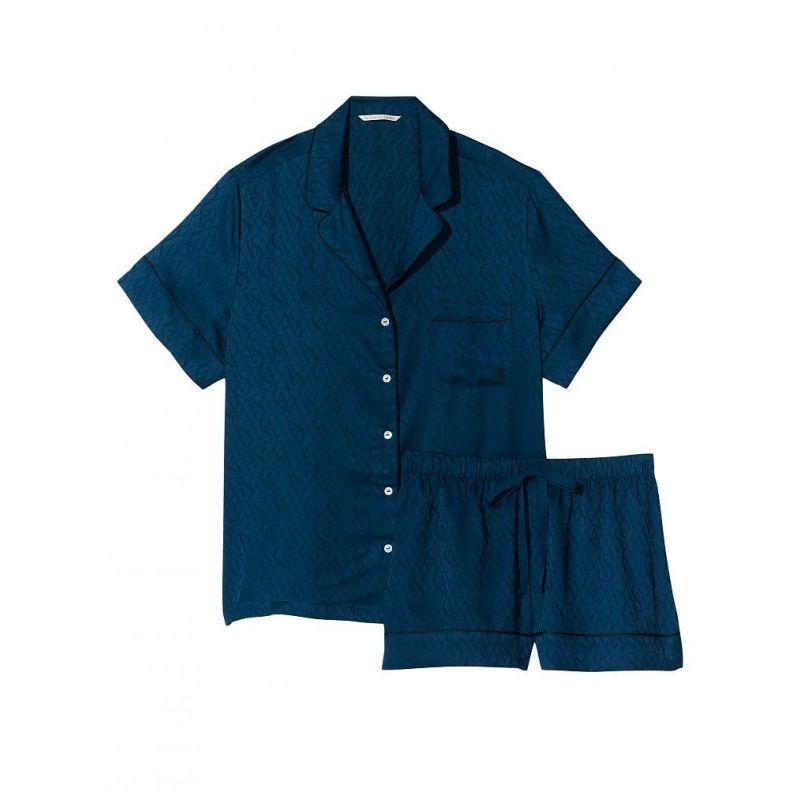 Піжама сатинова Satin Short Pajama Set Academy Blue Logo Jacquard
