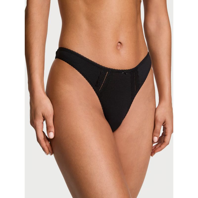 Трусики Cotton Lace-Trim High-Leg Scoop Thong Panty Black
