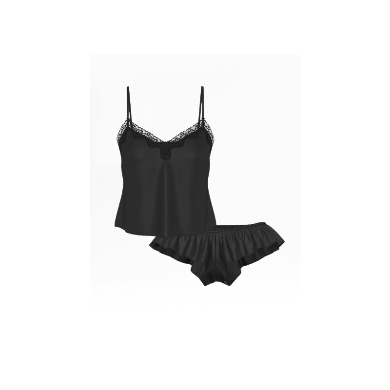 Піжама сатинова Satin Rose Lace-Trim Cami Flutter Shorts Set Black