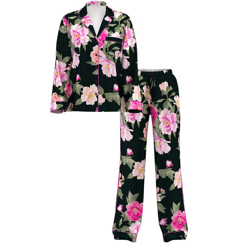 Піжама сатинова Satin Long Pajama Set Black Floral Bouquet