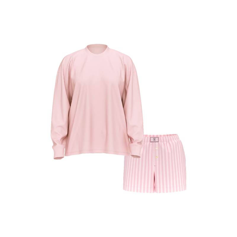 Піжама Flannel Long-Sleeve Short Tee-Jama Pajama Set Pink Stripe