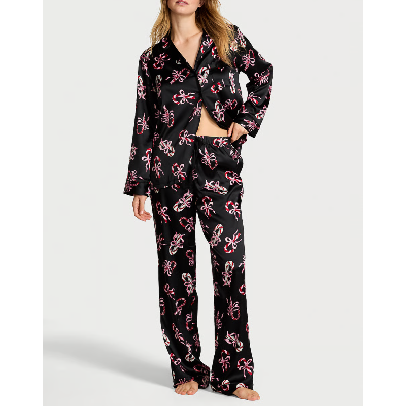 Піжама сатинова Glazed Satin Long Pajama Set Black Print VS