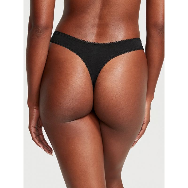 Трусики Cotton Lace-Waist High-Leg Scoop Thong Panty Black