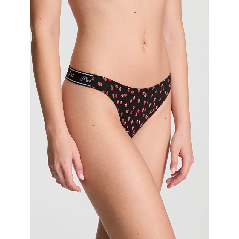 Трусики Logo Cotton High-Leg Thong Panty Black Strawberry Print
